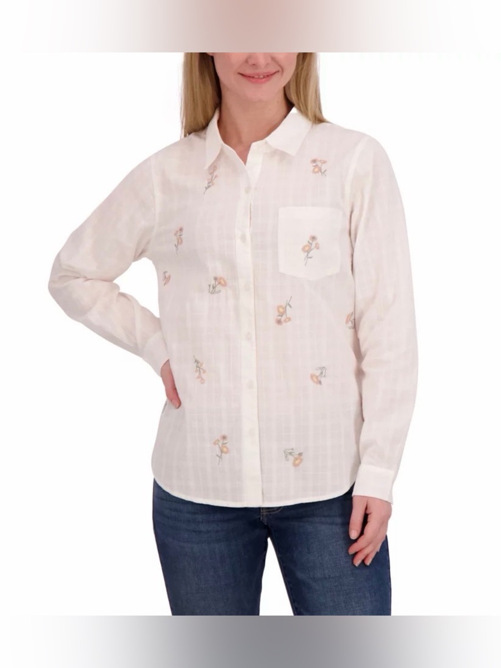 Lucky Brand White Embroidered Floral Button-Up Shirt Women’s L